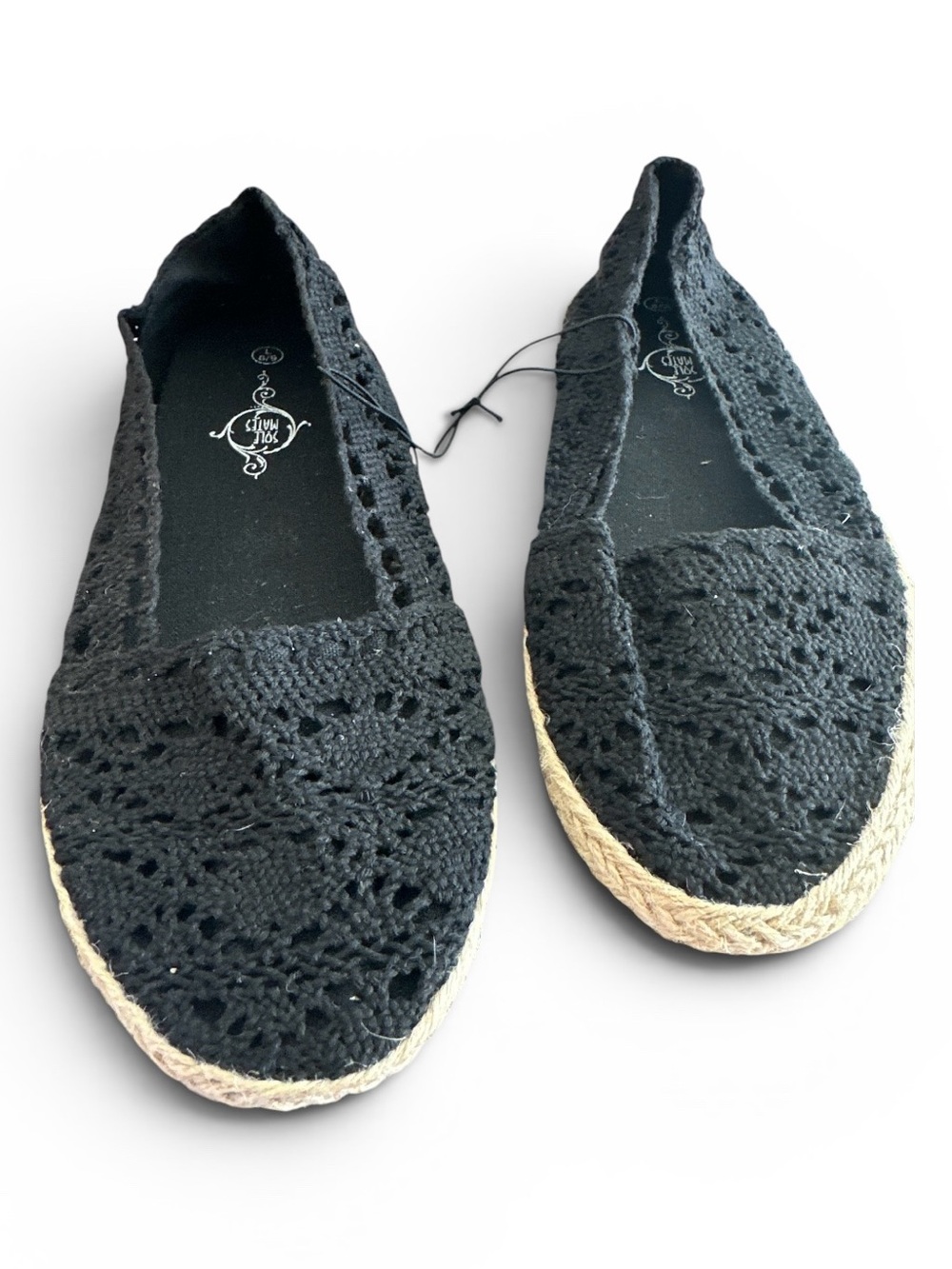 NWT Sole Mates Lace Crochet Espadrille Flat Slip On Black Size L(8-9)